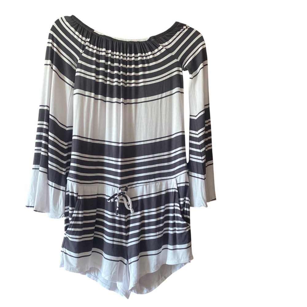CHASOR Striped Romper‎ Long Sleeve Drawstring Waist Pockets Size XS NWT